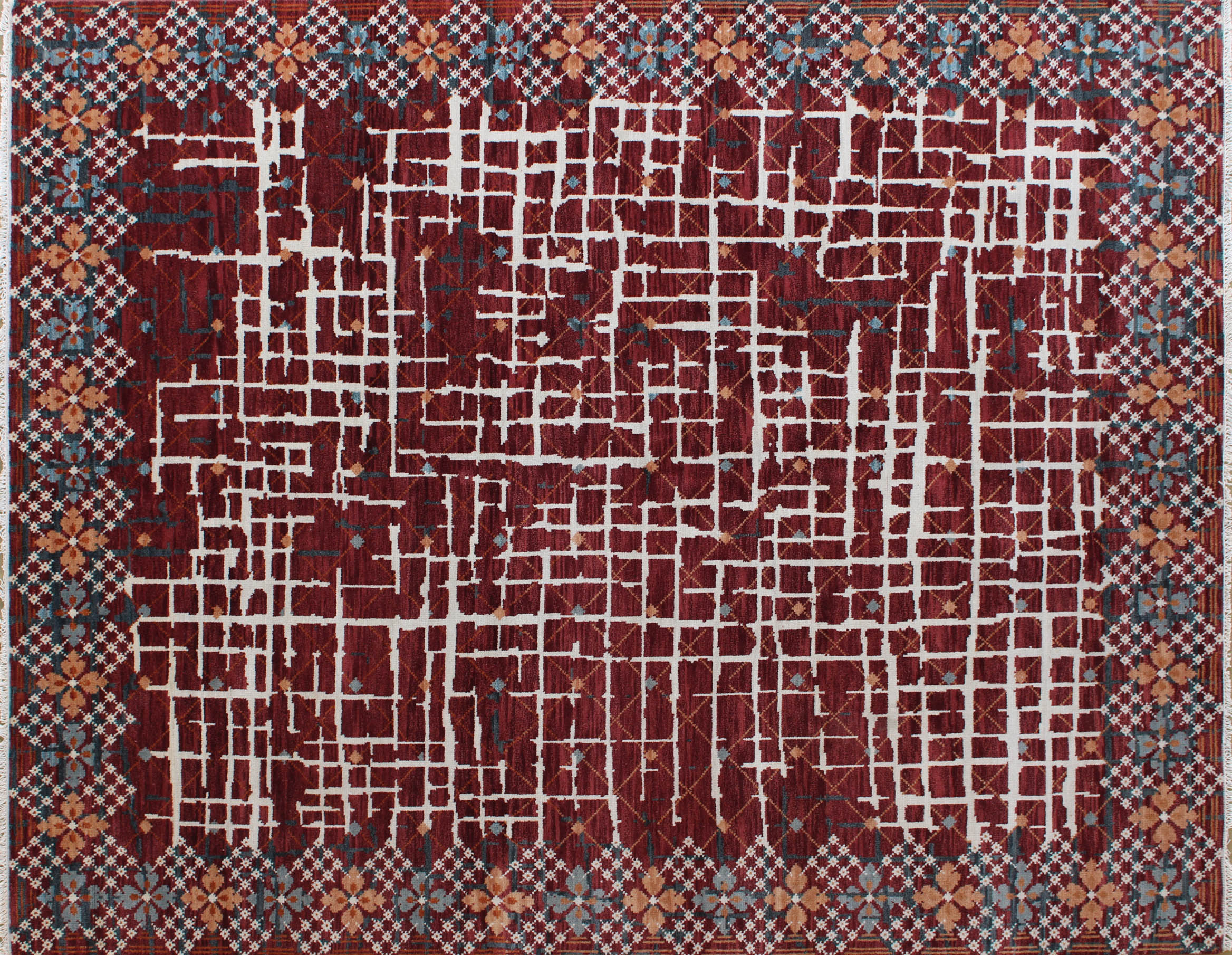 Geometric Grid Red Rug 8ft x 10ft - Handknotted Carpet Manufacturer Mirzapur